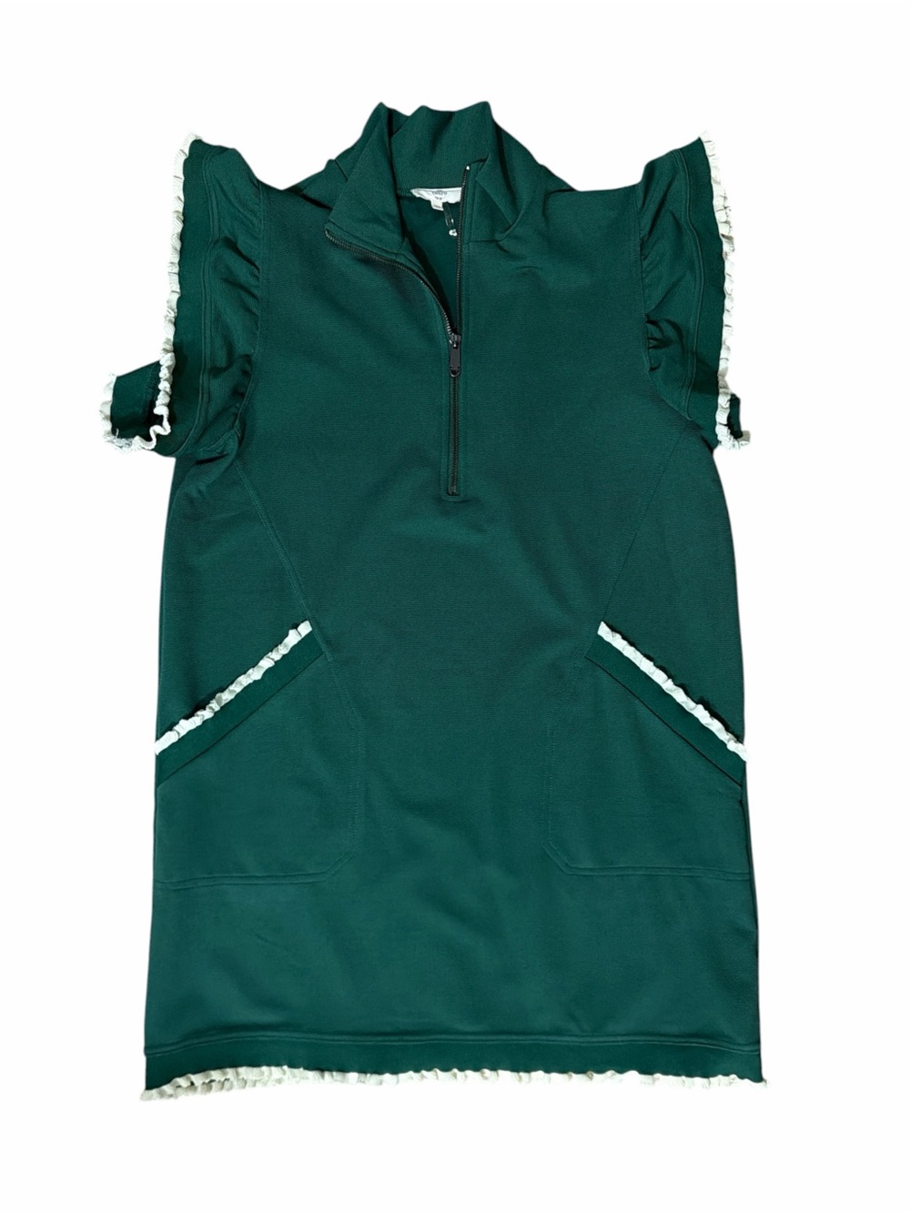 ENTRO Dark Green Ruffle Trim Zip-Neck Dress